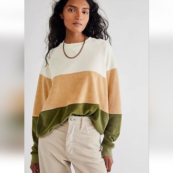 Donni Terry Cloth Striped Colorblock Crewneck Sweatshirt Women's Size Large - Picture 1 of 6